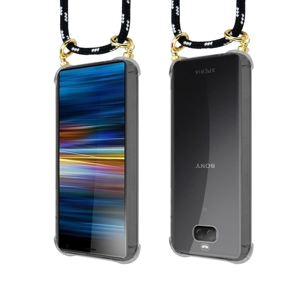 Zwei Sony Xperia Handys in transparenten Hüllen mit angebrachten schwarz-weißen Tragegurten.