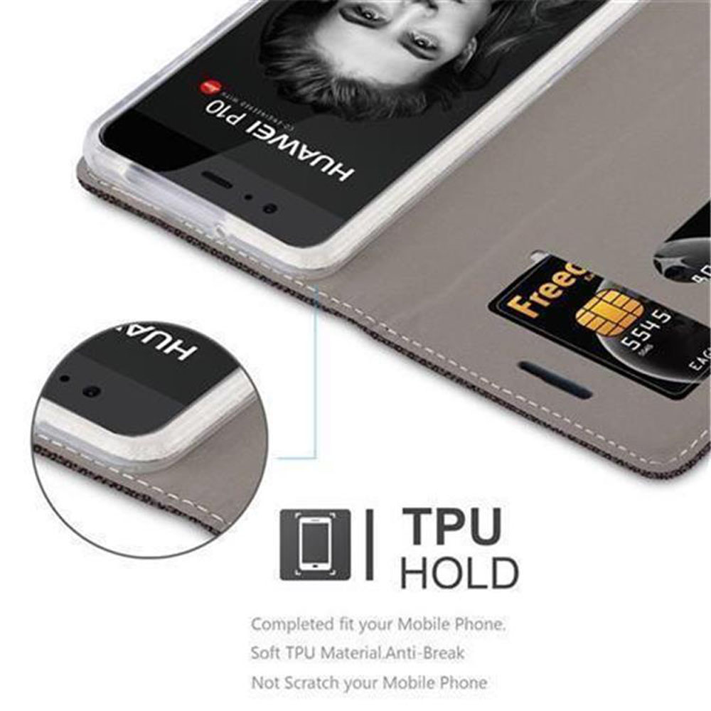 Graue Handyhülle mit Kreditkartenfach und Huawei P10 Display.