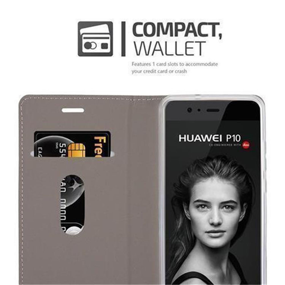 Graue Brieftasche mit Huawei P10, einer Karte und Text.