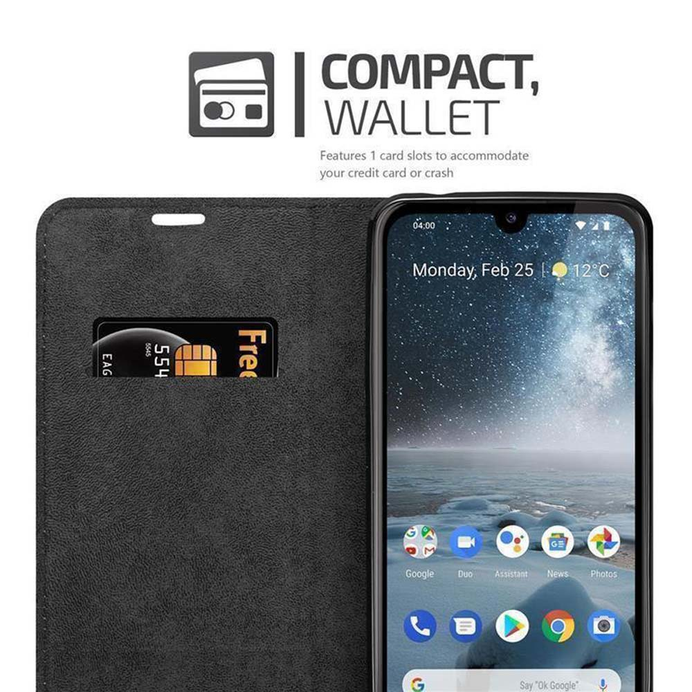 Telefono nero in custodia a portafoglio con una carta.