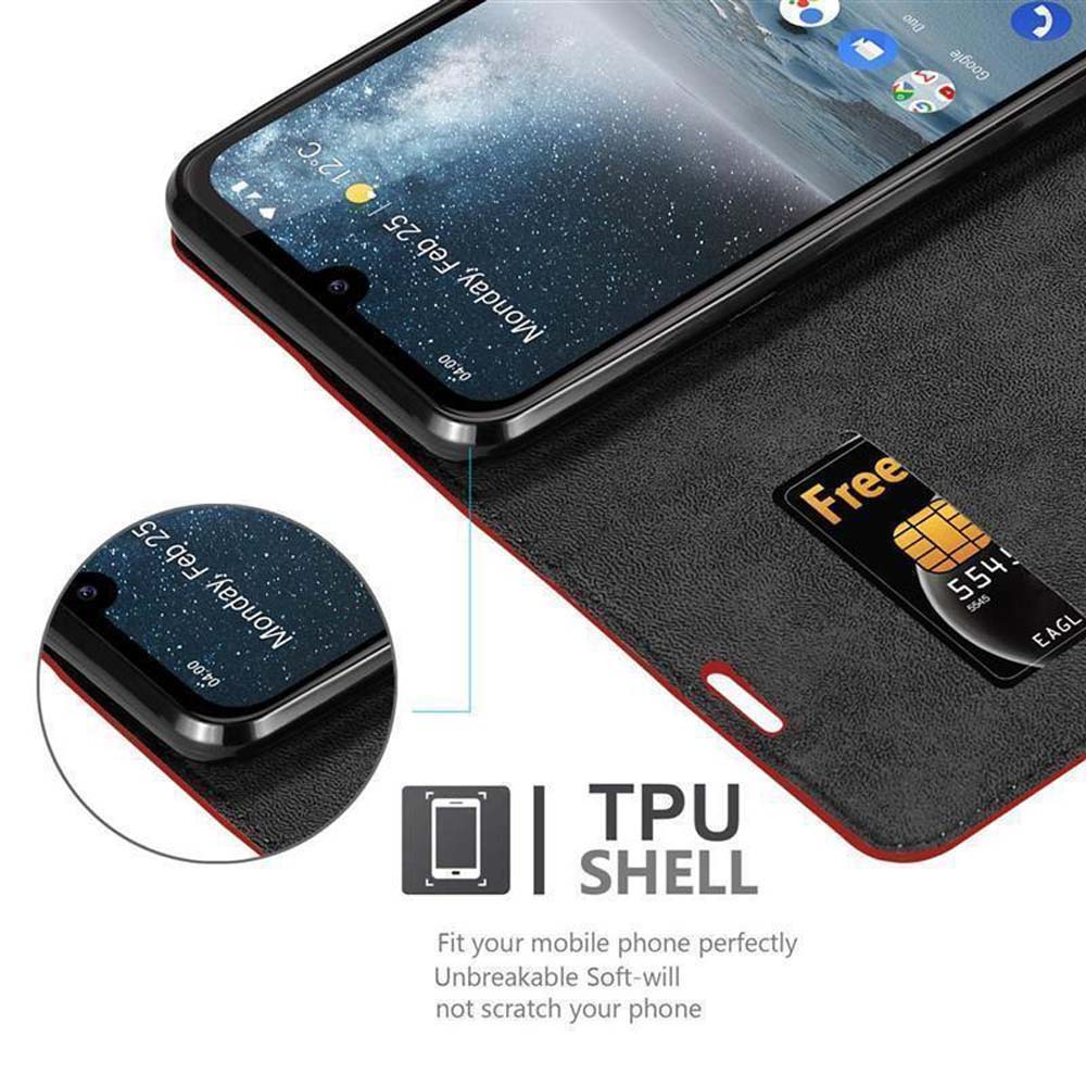 Un telefono in una custodia rossa contenente una SIM card.