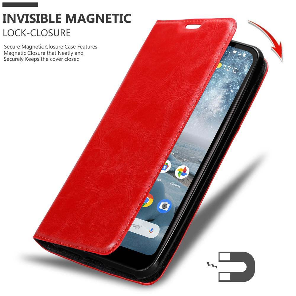 Custodia rossa con chiusura magnetica, smartphone mostra 12°C.