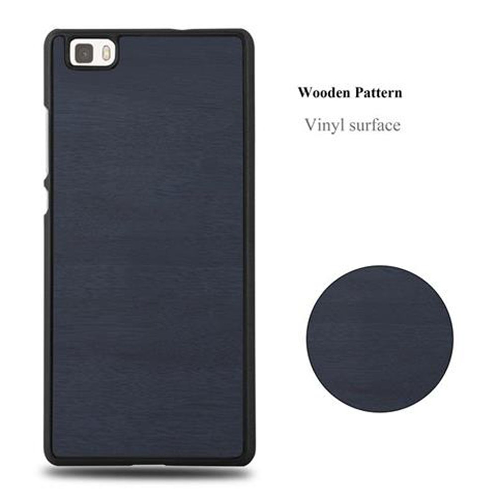 Funda de teléfono azul oscuro con textura de madera y muestra redonda.