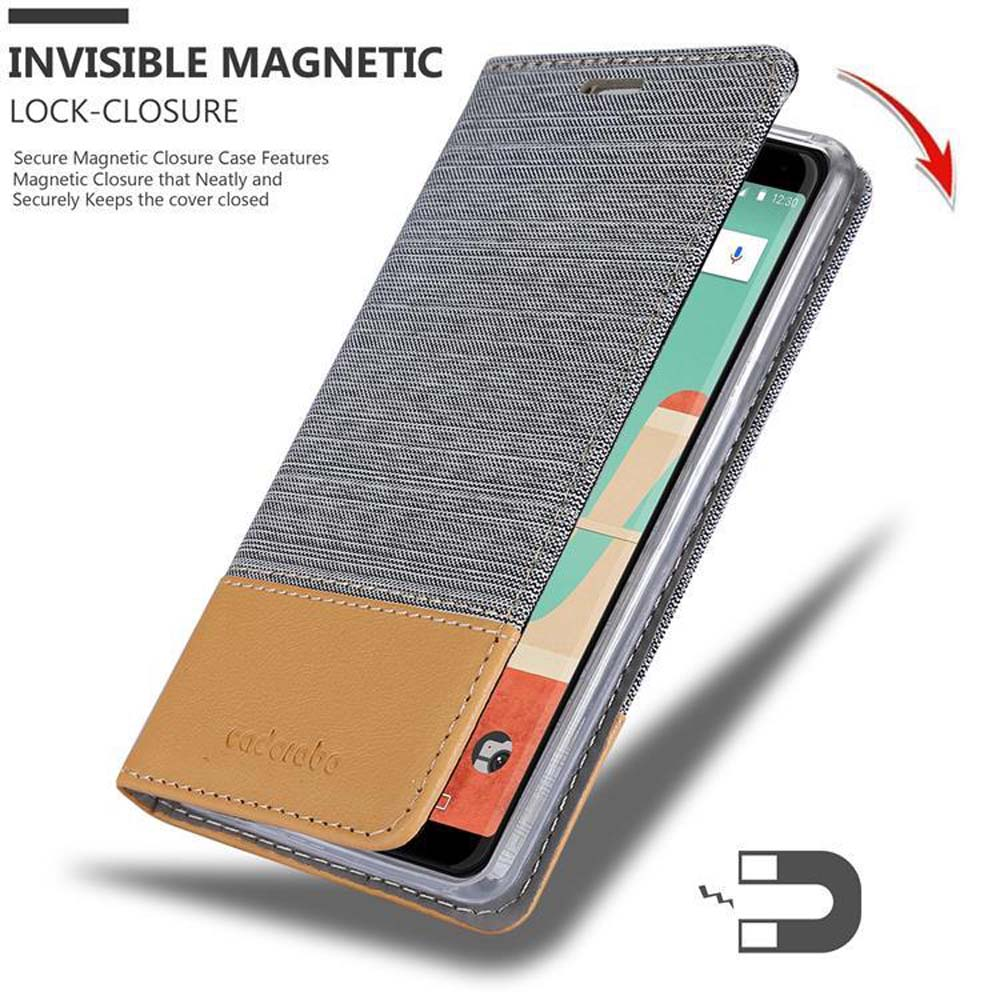 Graues und braunes Handycover mit Magnetverschluss. Zeigt ein Smartphone mit geöffneter Hülle.