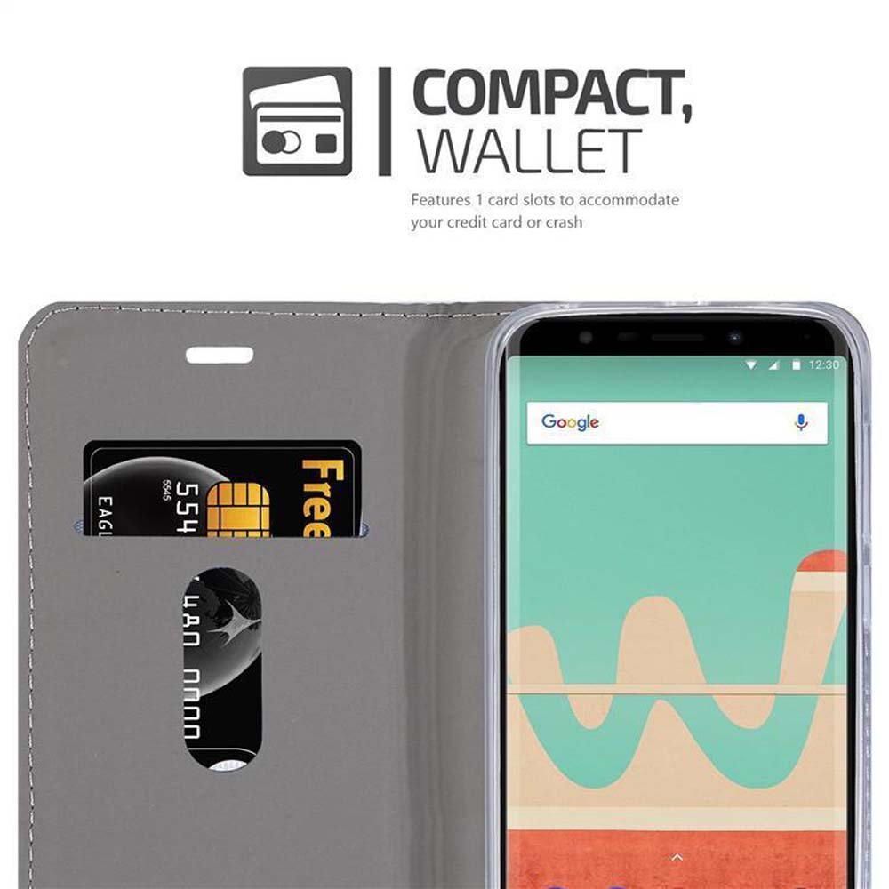 Graues Wallet mit 1 Kartenfach, zeigt eine Kreditkarte und ein Smartphone mit Google-Startbildschirm.