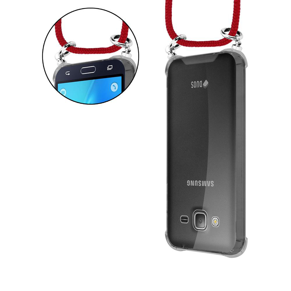Ein Samsung Duos Handy mit rotem Band, vorne und hinten.