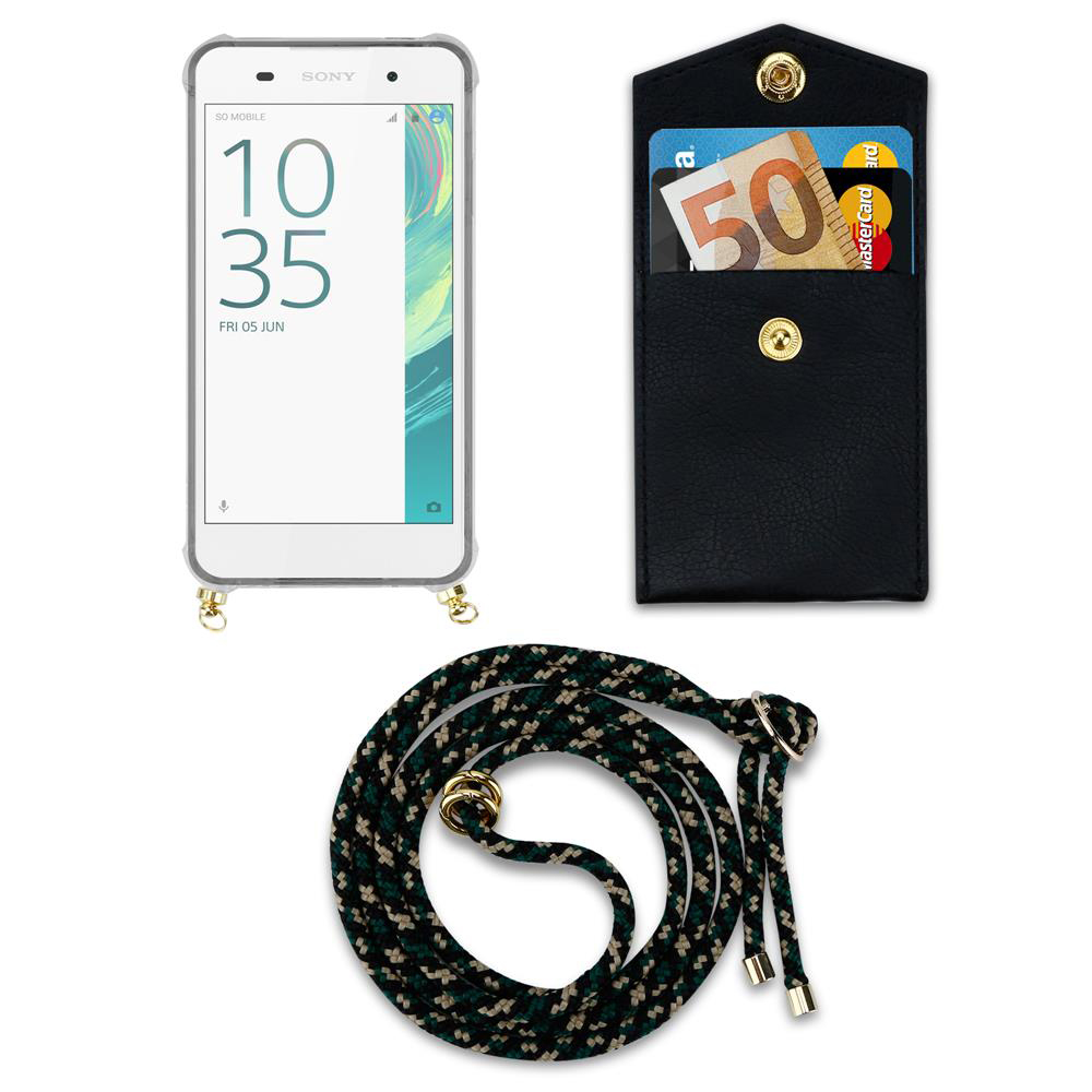 Ein Smartphone mit einer transparenten Hülle, einer schwarzen Tasche mit Geld und Karten und einem Lanyard.