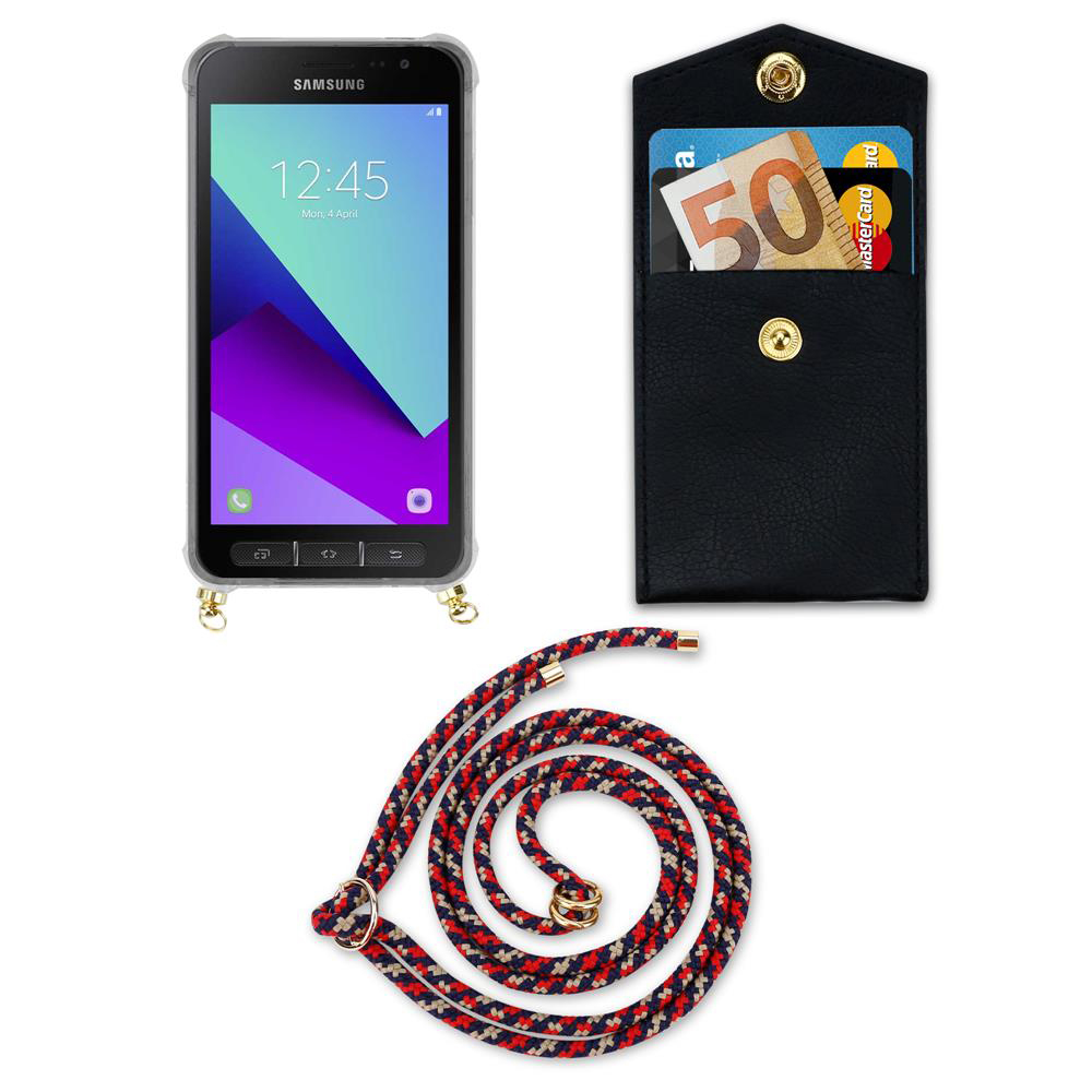 Smartphone con custodia, tasca nera con carte e banconota, cordino intrecciato.