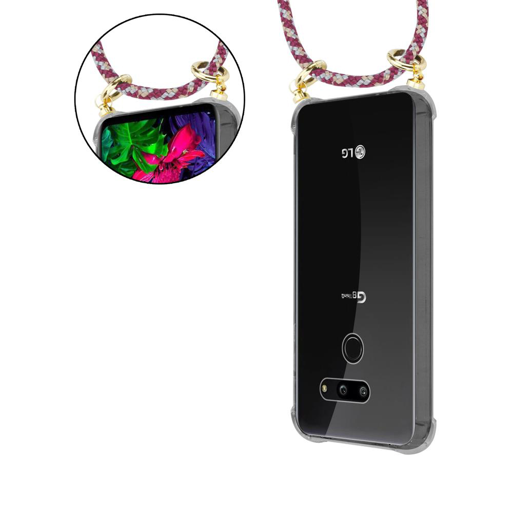Ein schwarzes LG-Smartphone mit einer bunten Hintergrundgrafik, das an einem Band hängt.