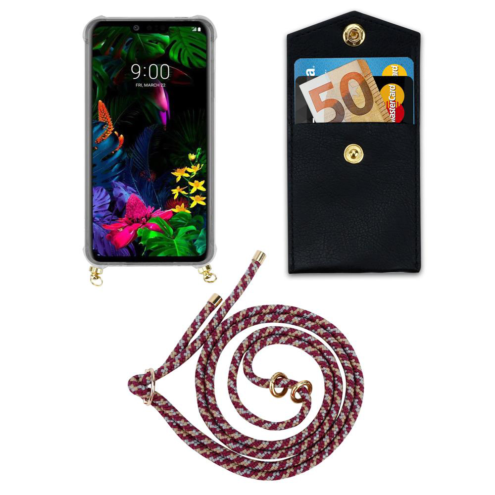 Ein Smartphone mit einer Hülle, einer Brieftasche mit Geld und Karten, und eine Schnur.