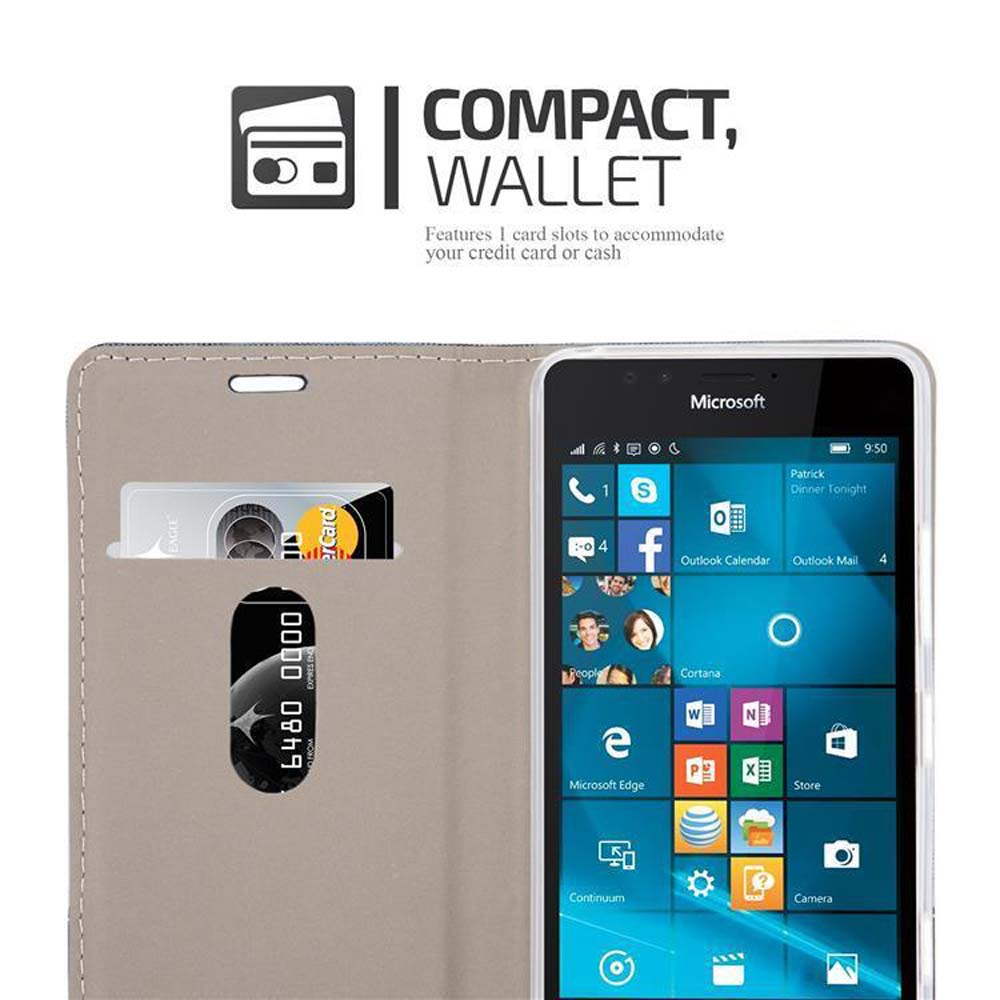 Portafoglio grigio con telefono e scomparti per carte.