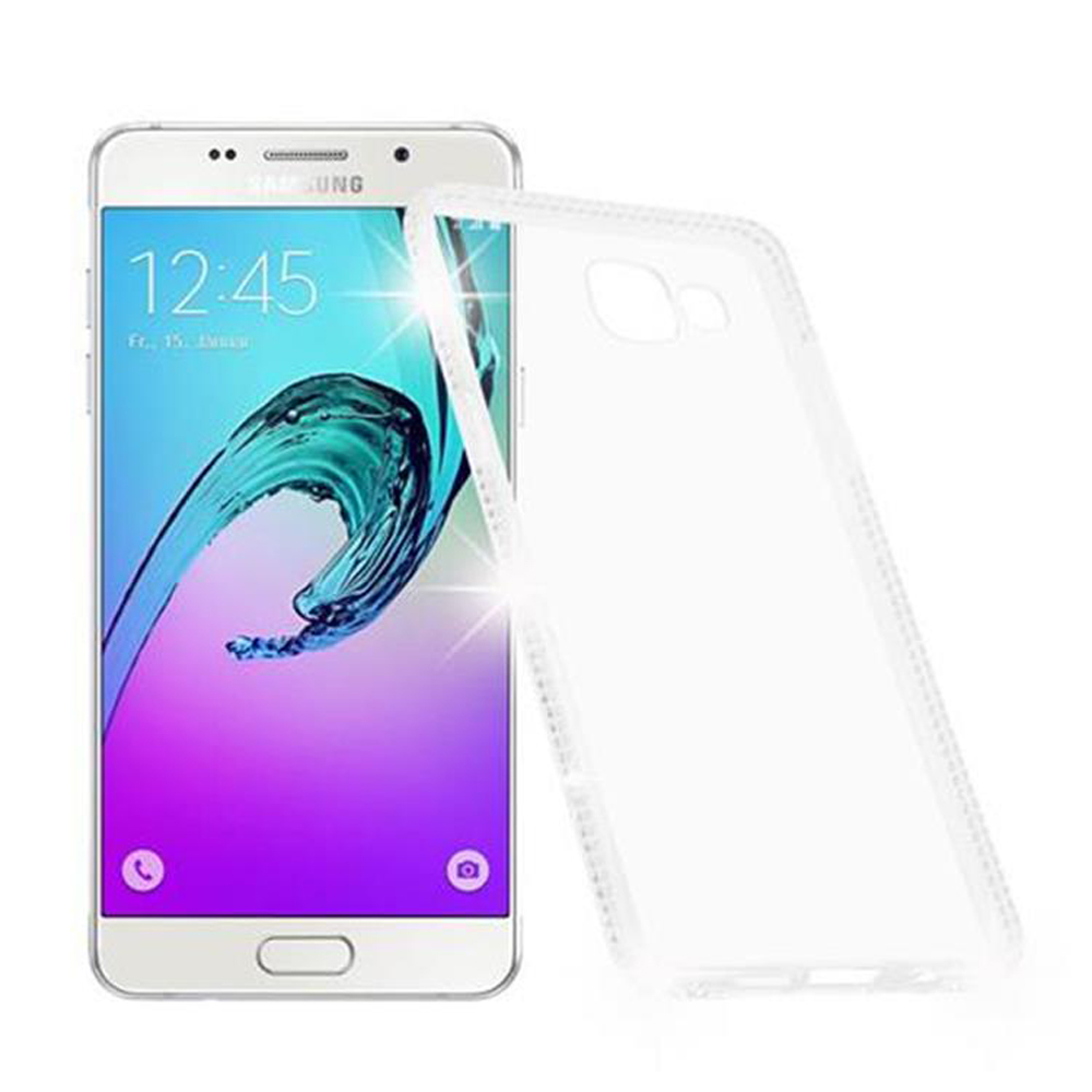 Un Samsung bianco con una custodia protettiva trasparente accanto.