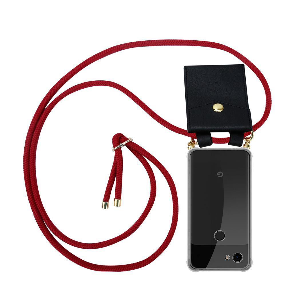 Rote Kordel mit schwarzer Handyhülle und Kartenhalter.