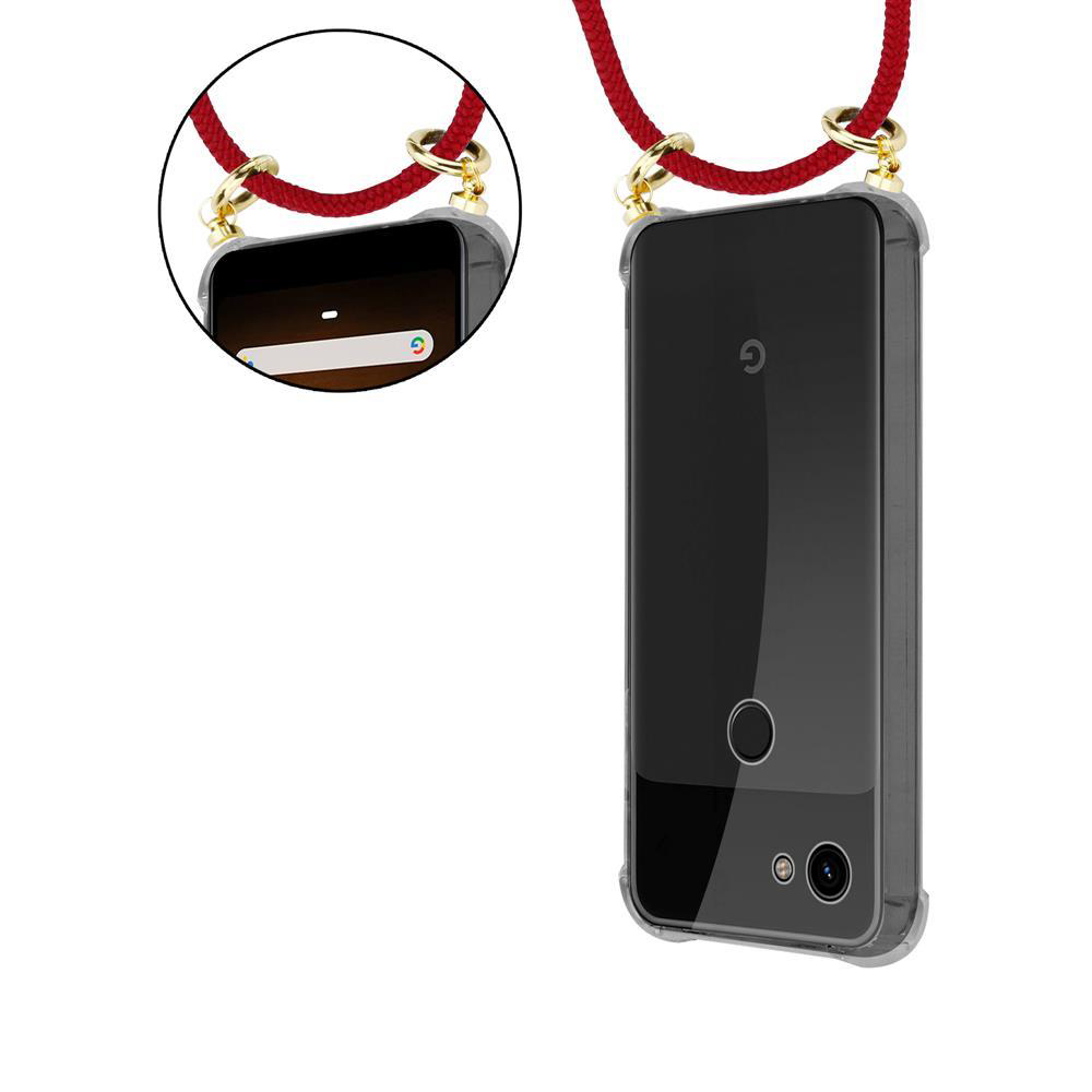Rotes Band mit goldenen Ringen, das an einem transparenten Handyhülle befestigt ist.