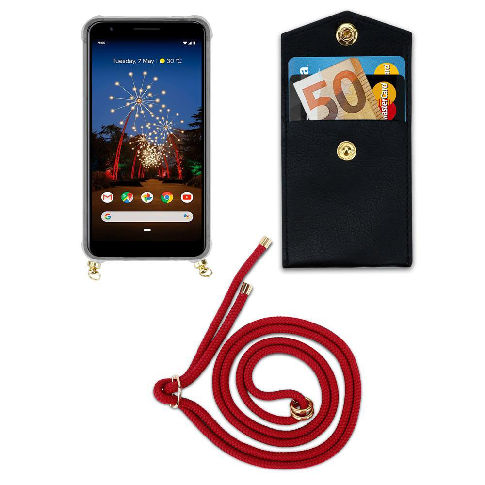 Smartphone mit schwarzer Hülle, Geldbörse mit Geld und Karten, rote Kordel.