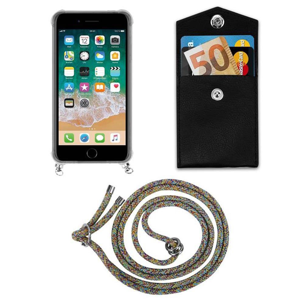 Uno smartphone in custodia, una tasca nera con soldi e carte, e un cordino.