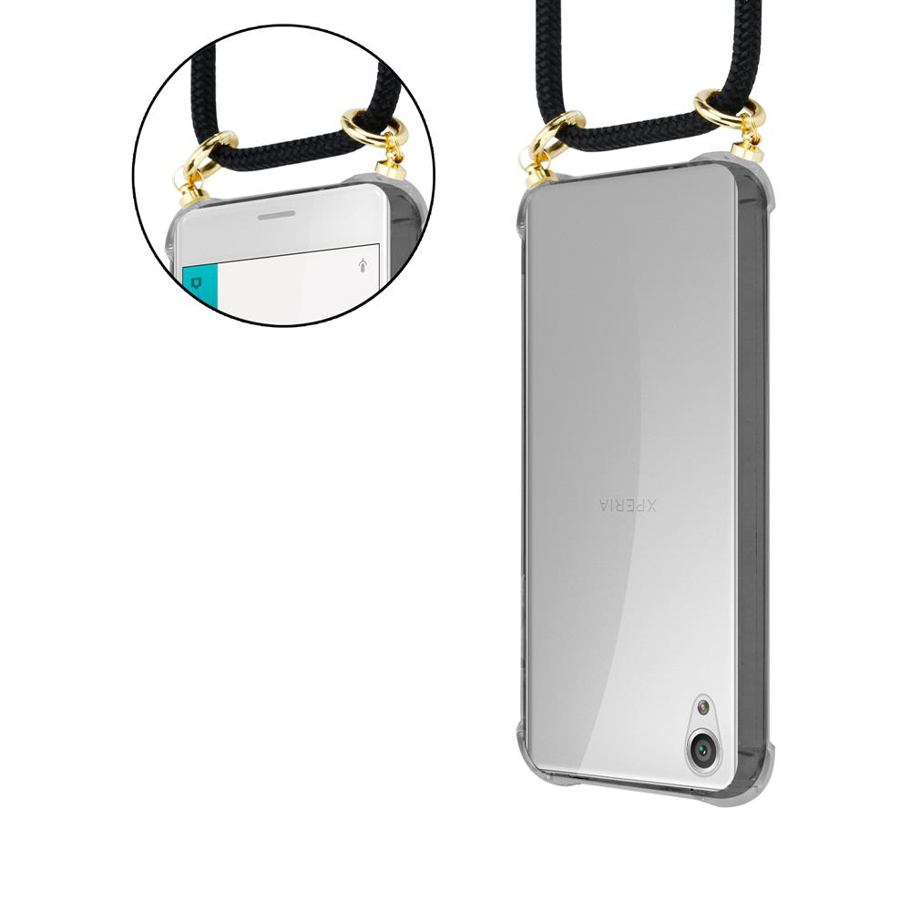 Ein Smartphone mit transparentem Case und Kordel.