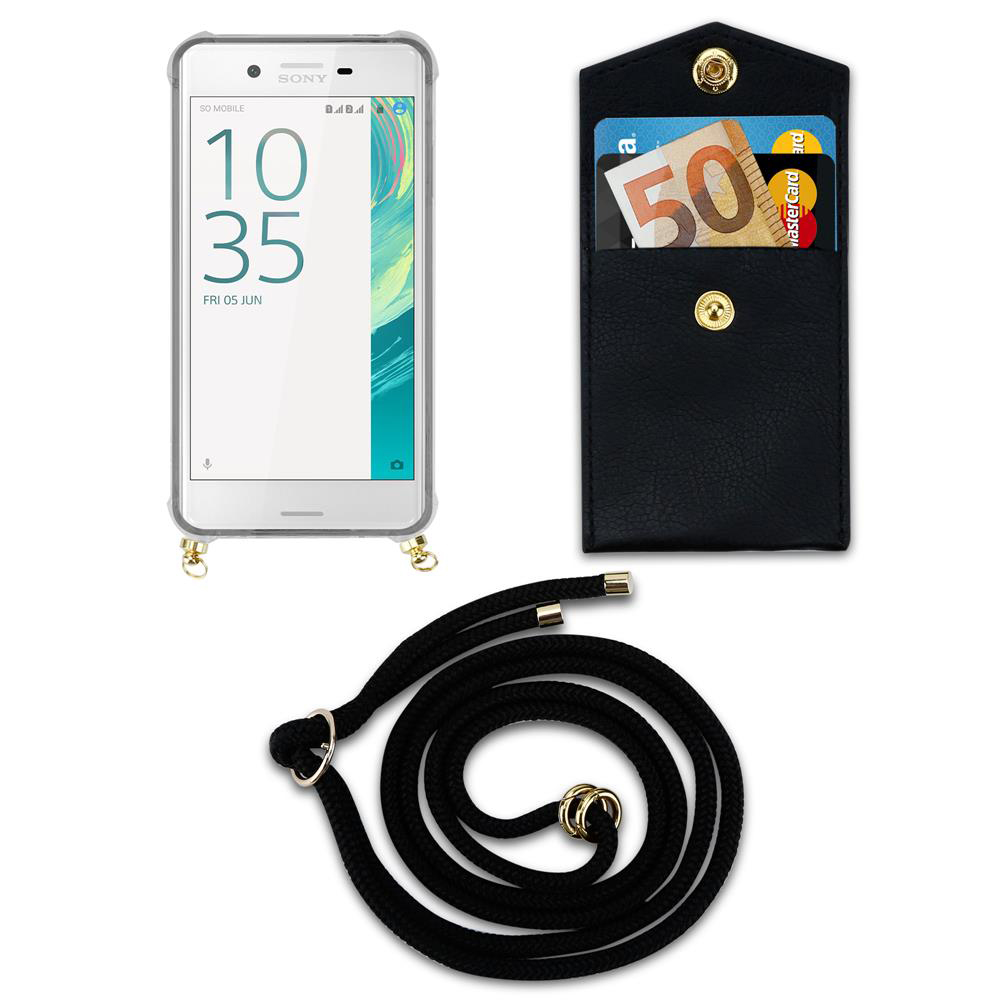 Sony Smartphone mit transparentem Case, schwarzer Tasche mit Karten und Kordel.
