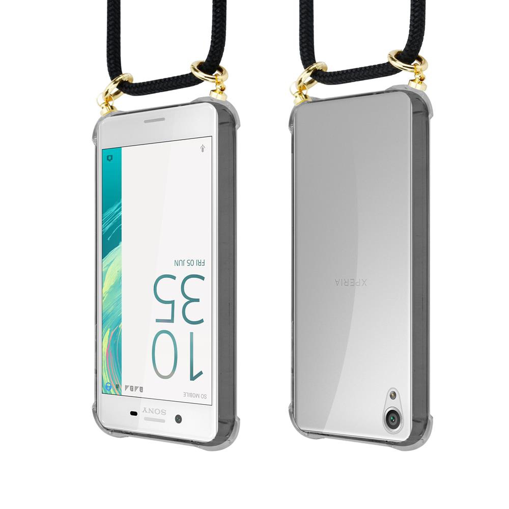 Vorder- und Rückansicht eines weißen Sony Xperia-Handys mit schwarzer Lanyard.