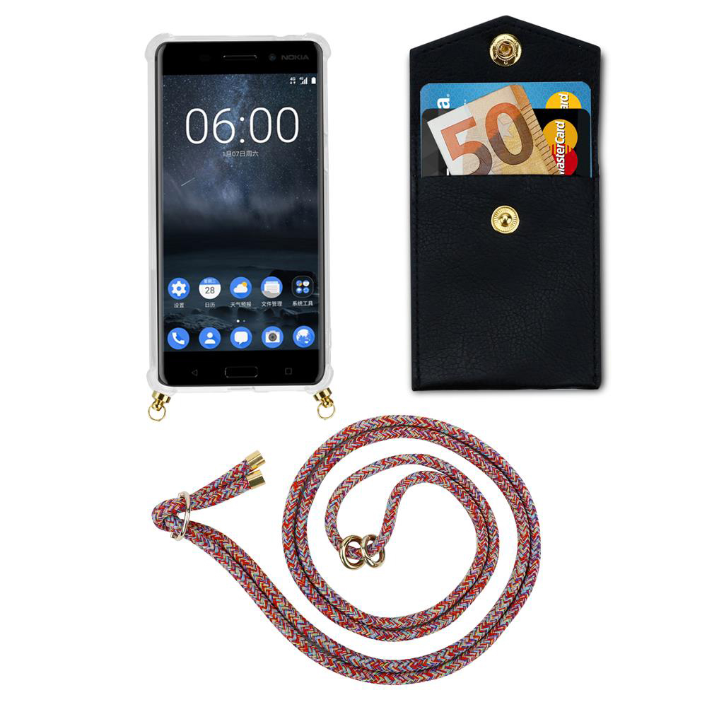 Nokia-Handy mit schwarzer Kartenhalter-Tasche und buntem Lanyard.