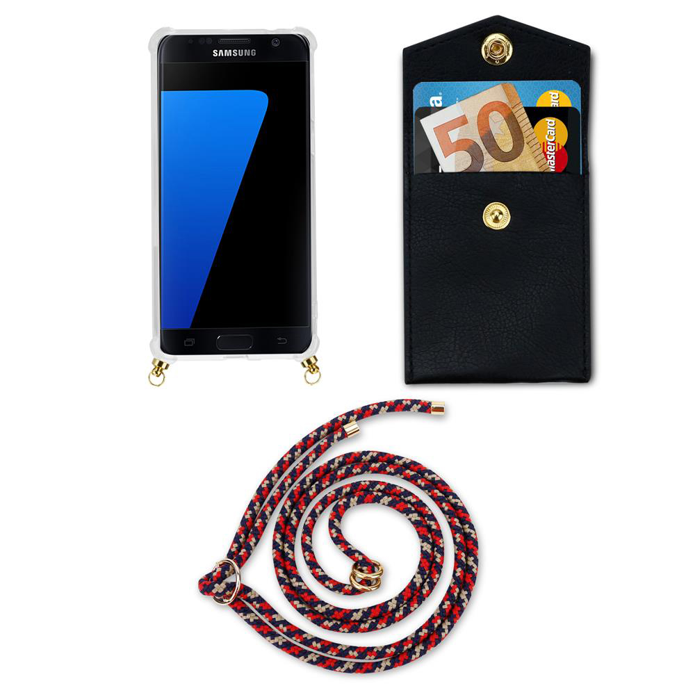 Telefono Samsung con portafoglio nero, banconota euro e carte, cordino