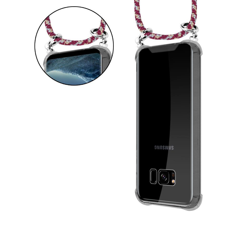Ein schwarzes Smartphone mit einem bunten Band, das um den Hals getragen wird.