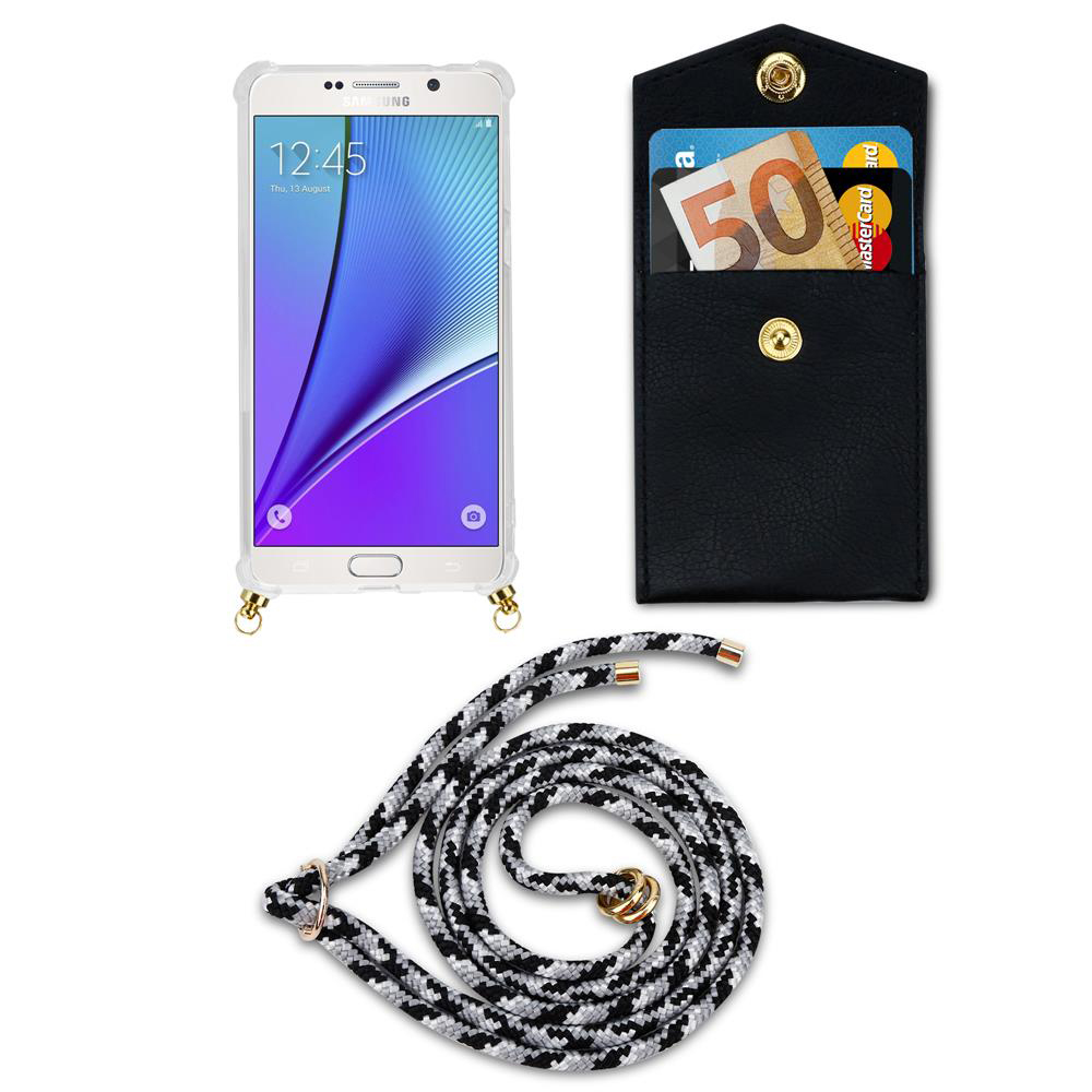 Smartphone in custodia, porta carte nero con soldi e carte, cordino.