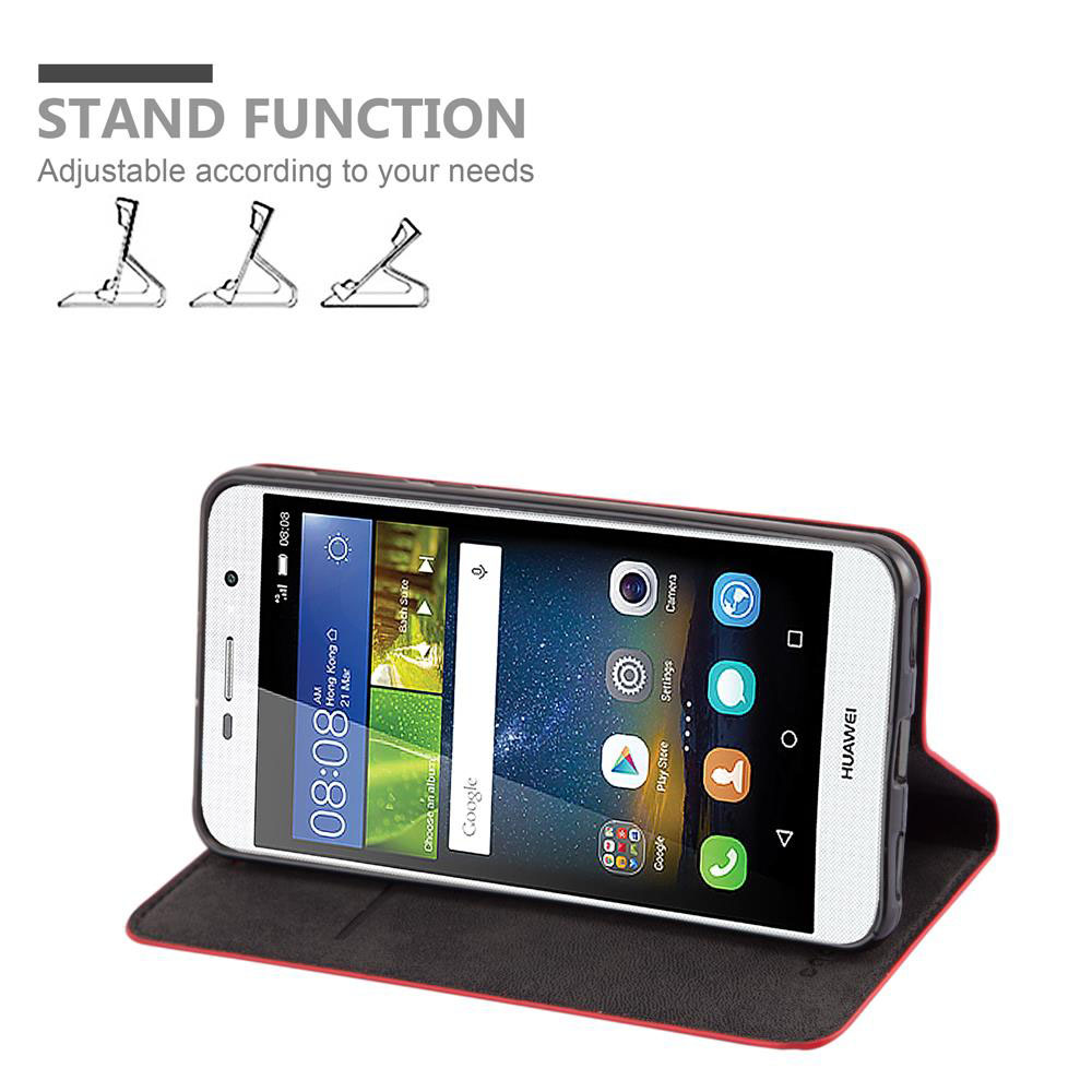 Telefono Huawei in custodia rossa con funzione stand, mostra la schermata iniziale.