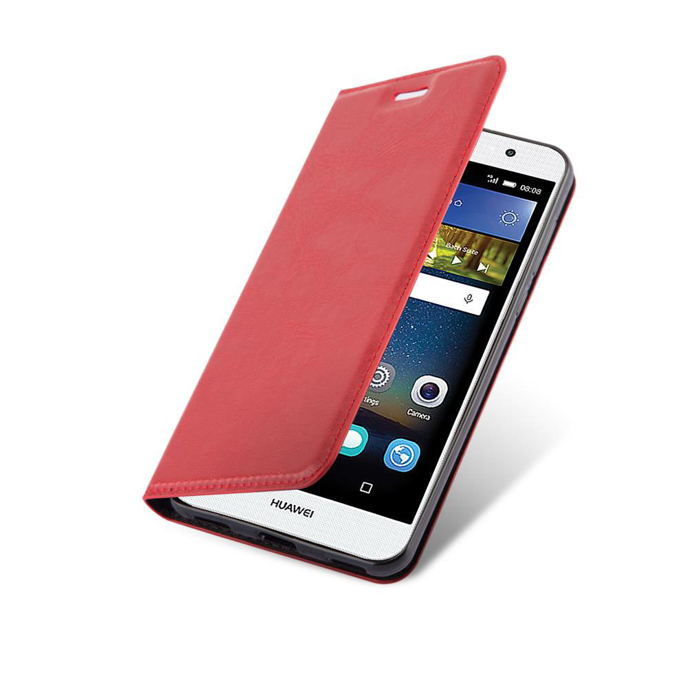 Una custodia a libro rossa copre parzialmente uno smartphone Huawei.