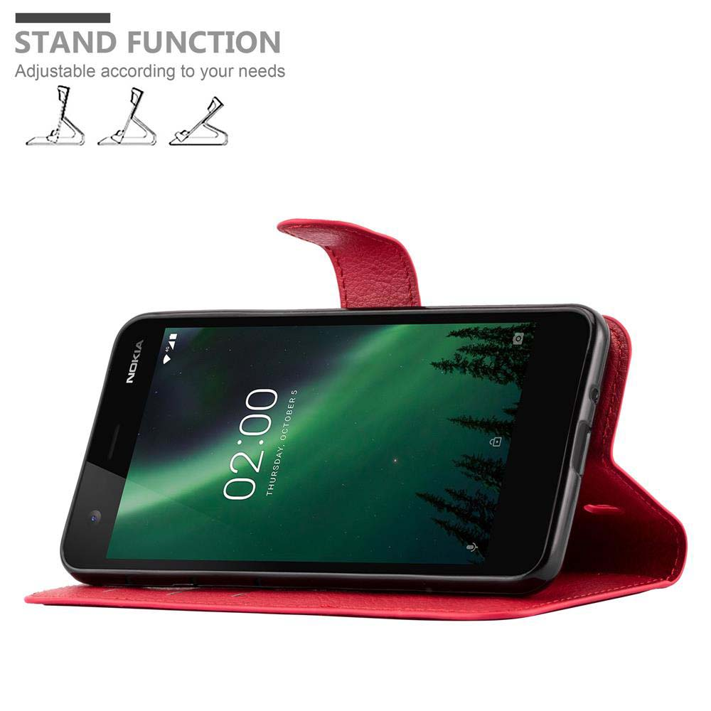 Custodia rossa per telefono con funzione stand, mostra un paesaggio con aurora boreale verde.
