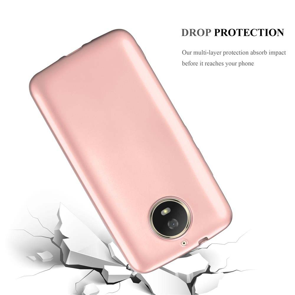 Una custodia per telefono rosa oro che sfonda una superficie bianca.