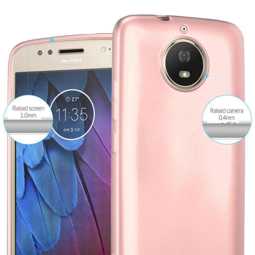 Un telefono rosa oro con cover, che mostra schermo e fotocamera rialzati.