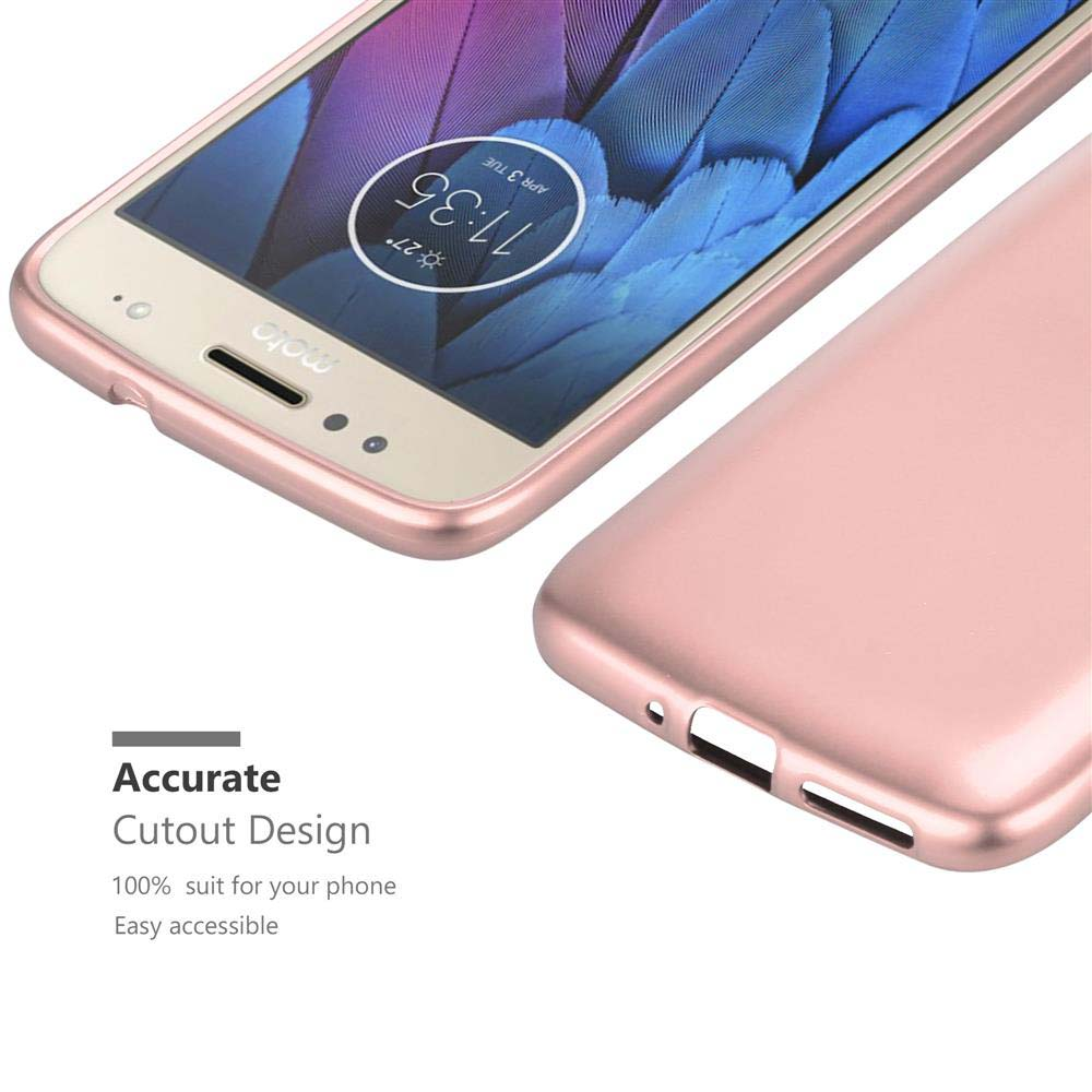 Uno smartphone color oro rosa con una custodia protettiva rosa accanto.