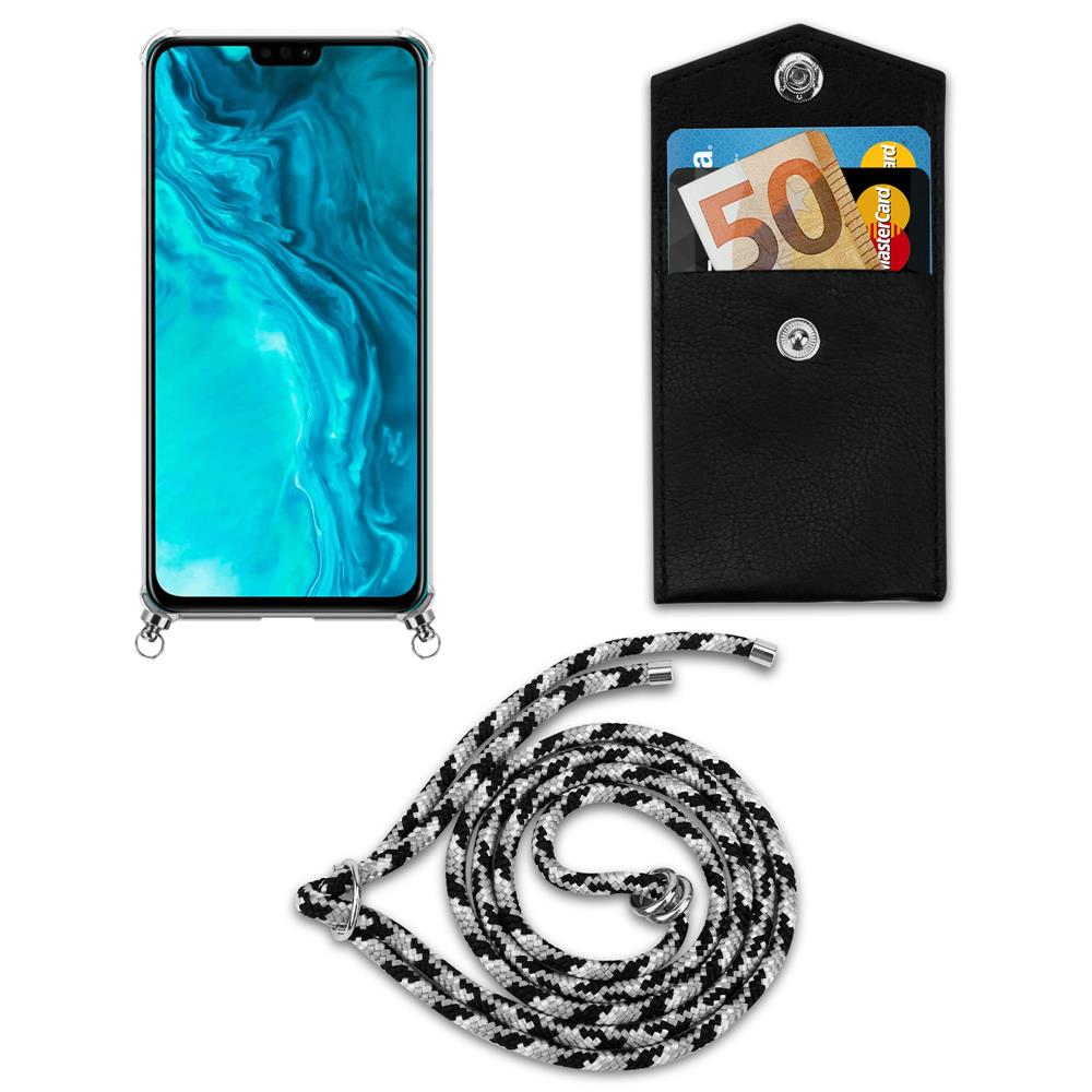 Smartphone con custodia trasparente, portafoglio nero con banconota da 50€ e carta.
