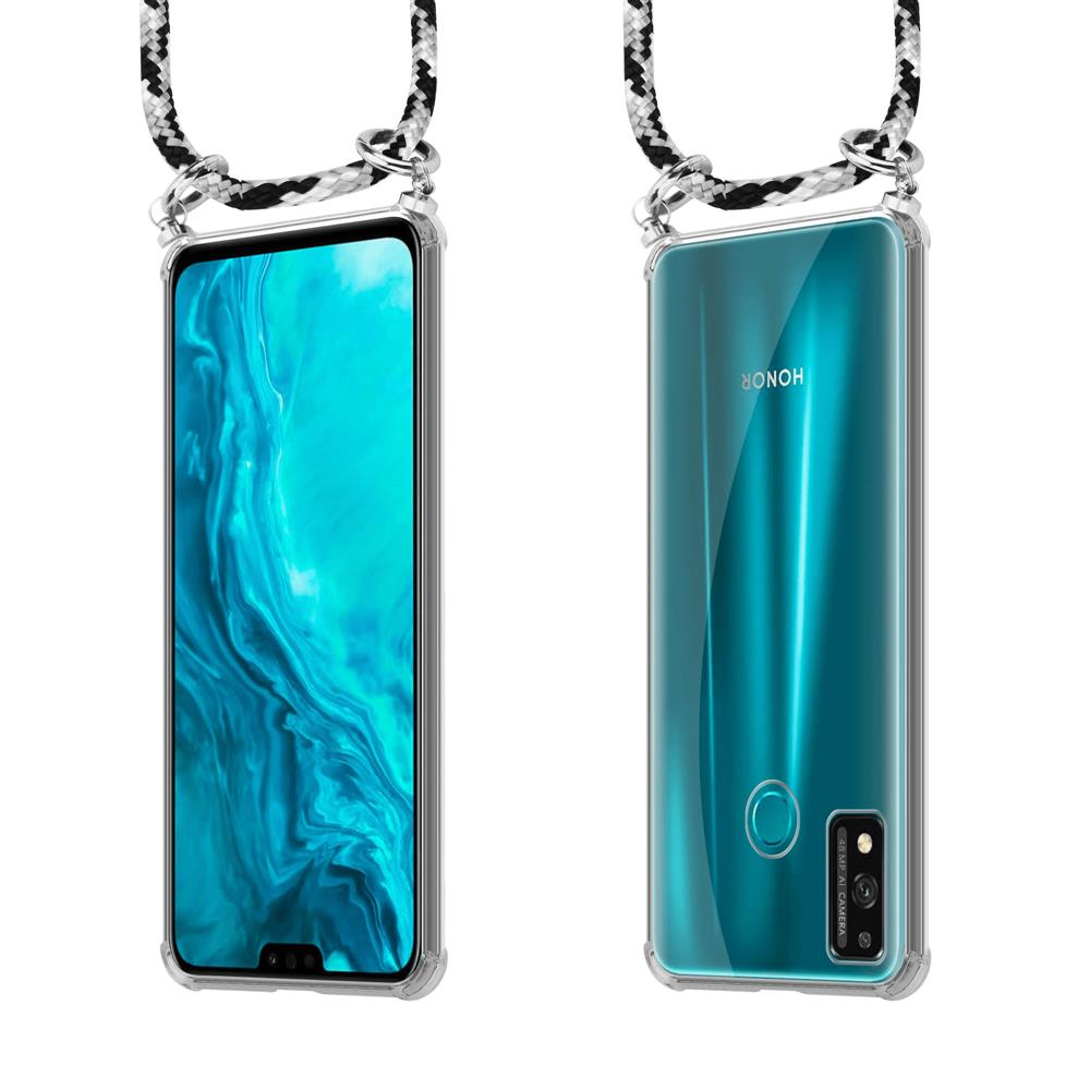 Uno smartphone con sfondo blu in custodia trasparente con cordino.