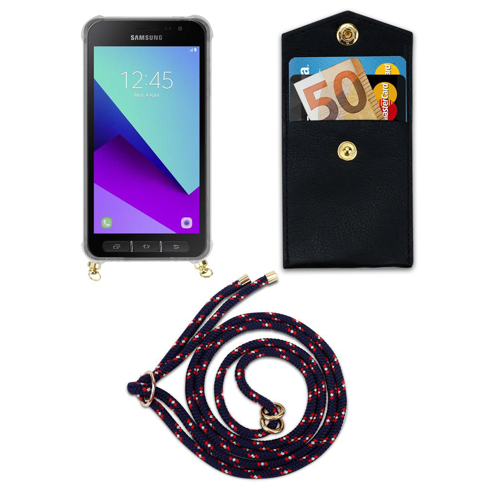 Smartphone con custodia, porta carte con soldi e carte, e cordino.