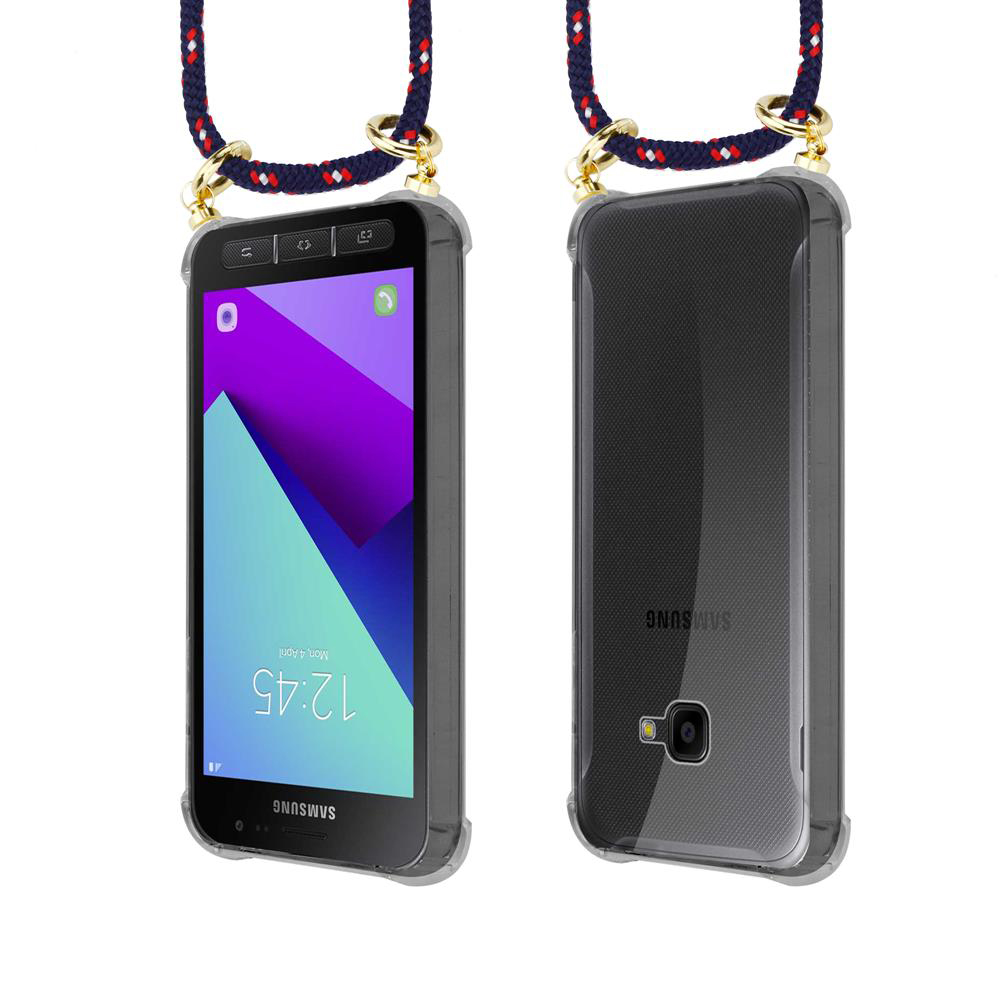 Uno smartphone con cordino blu e rosso appeso in una custodia. Viste frontale e posteriore.