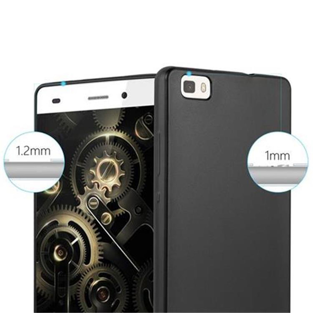 Dos smartphones, uno con pantalla de engranajes, uno negro. Dimensiones 1.2mm y 1mm.