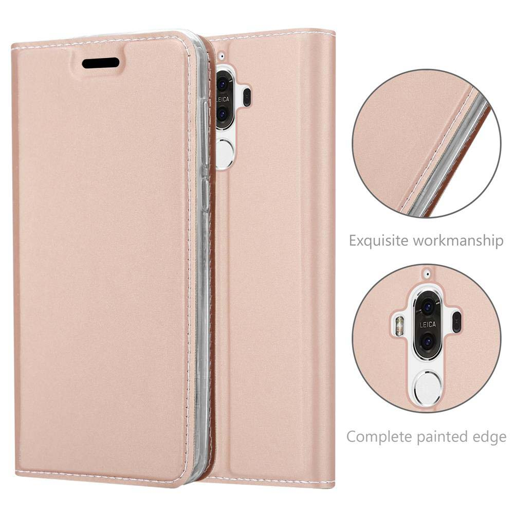 Una funda de teléfono rosa dorado con cámara y costuras visibles.