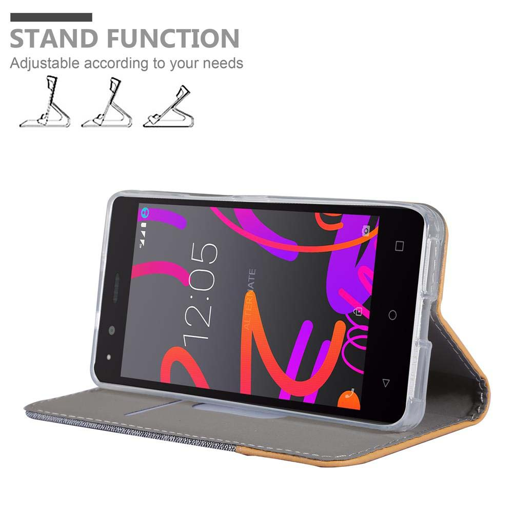 Smartphone con display colorato in custodia grigia che funge da supporto.