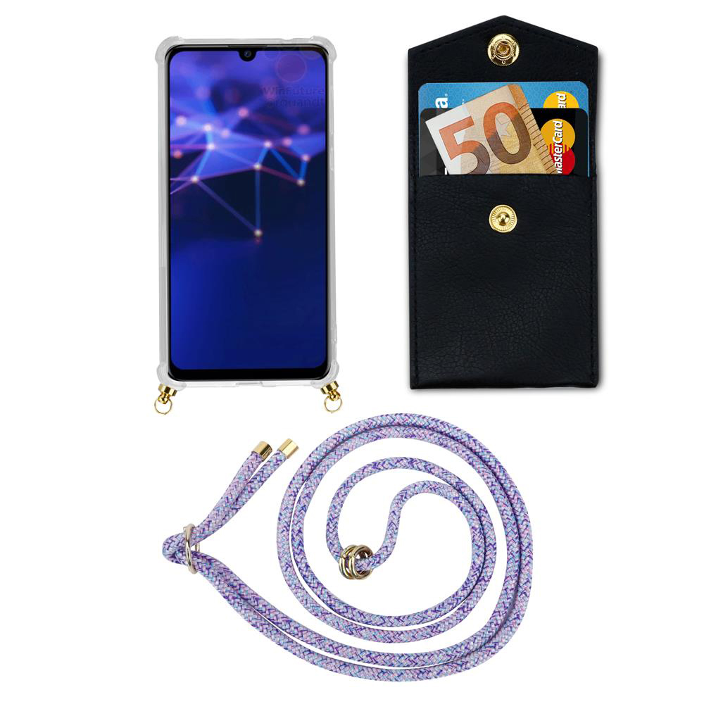 Smartphone con custodia, portafoglio con soldi e carte, e un laccio.
