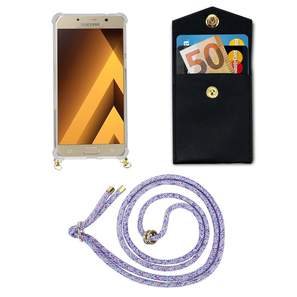 Uno smartphone in custodia, una tasca nera con soldi e carte, e un laccio viola.