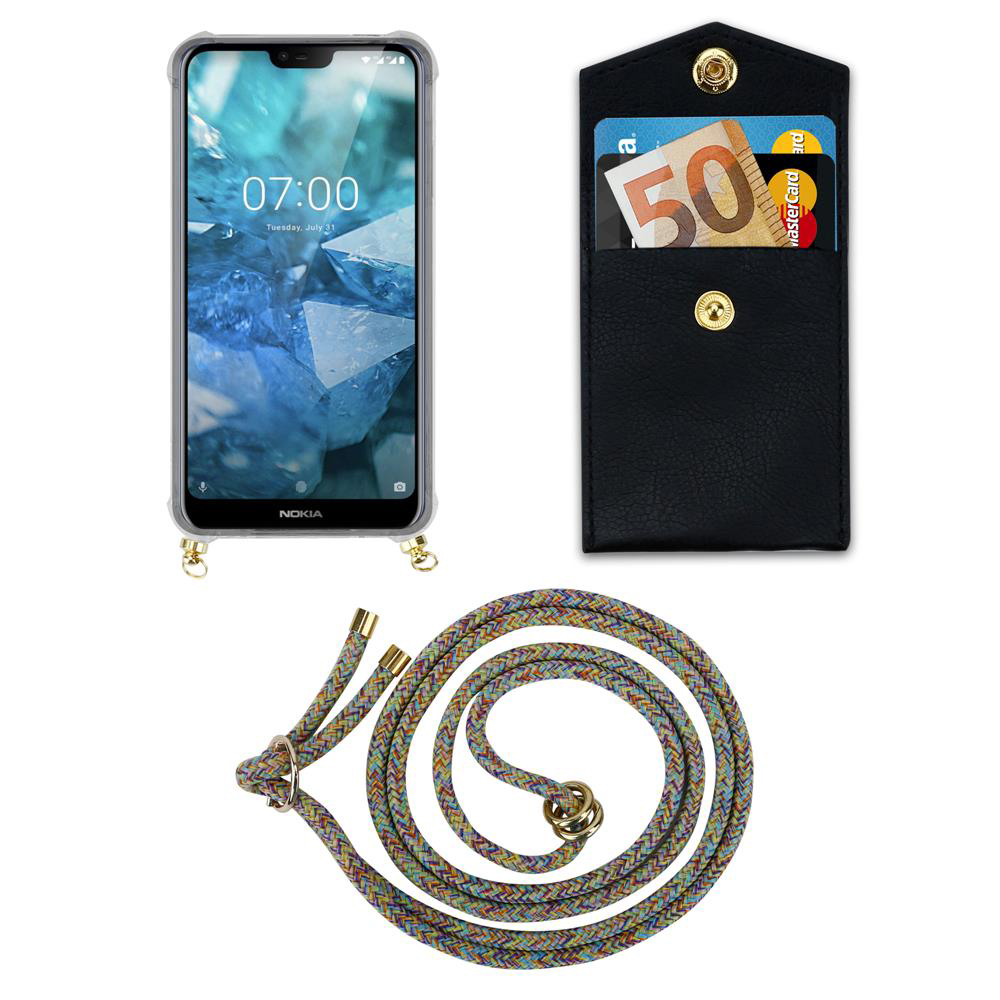 Ein Smartphone mit Etui und Umhängeband, daneben eine schwarze Brieftasche mit Geld und Karten.