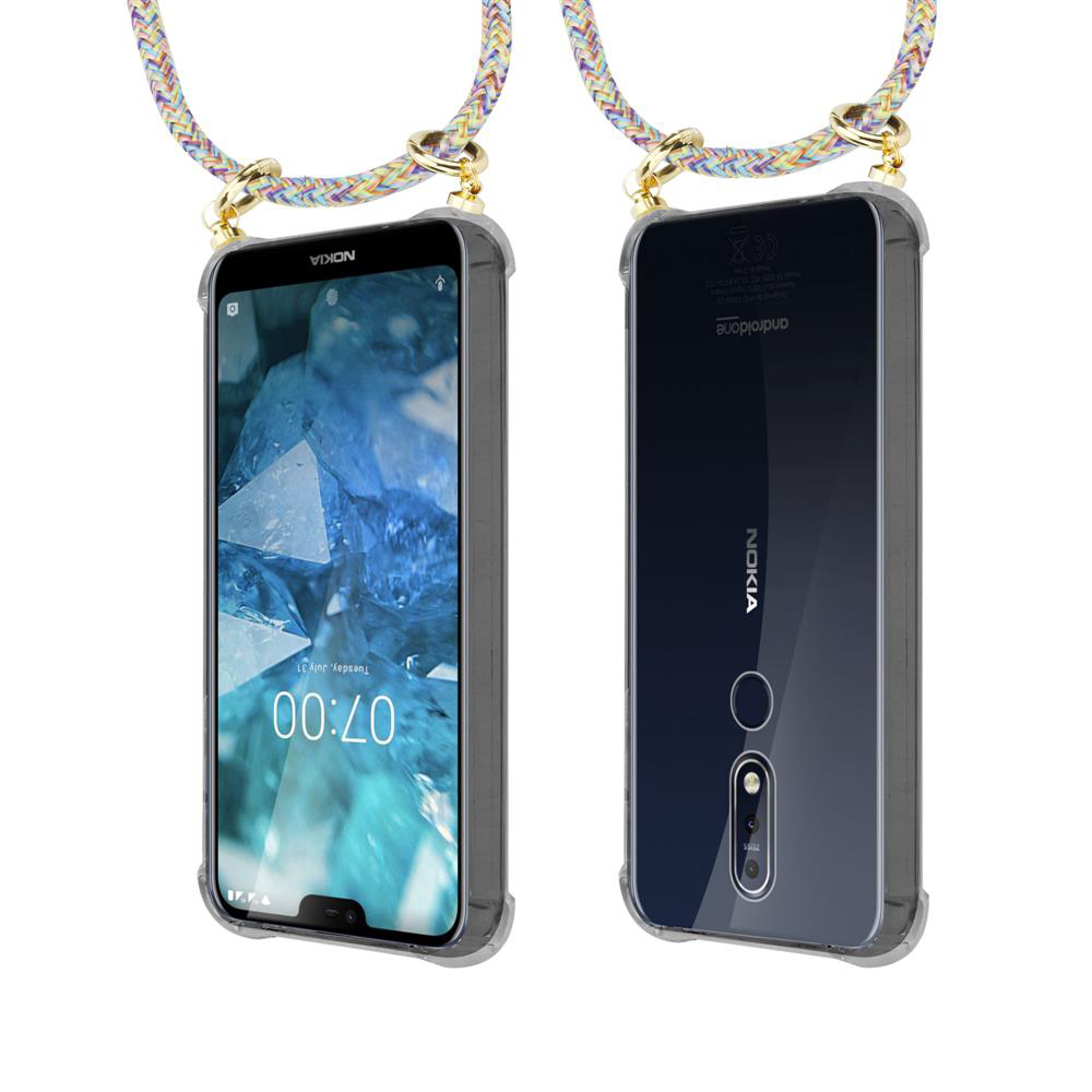Nokia Smartphone mit transparentem Gehäuse und buntem Trageband.