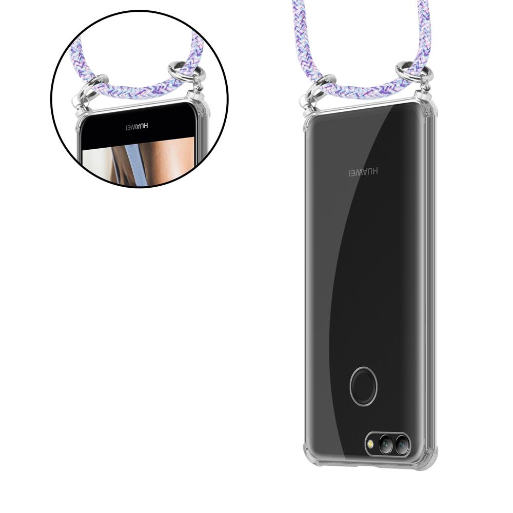 Transparente Handyhülle mit Trageband, zeigt Kamera und Logo.