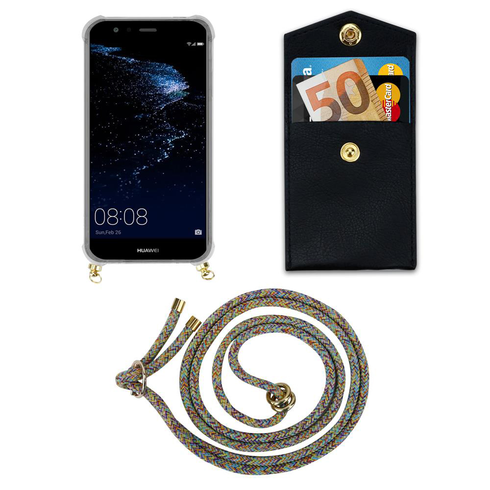 Uno smartphone in custodia, un portafoglio con carte e denaro, e un cordino colorato.