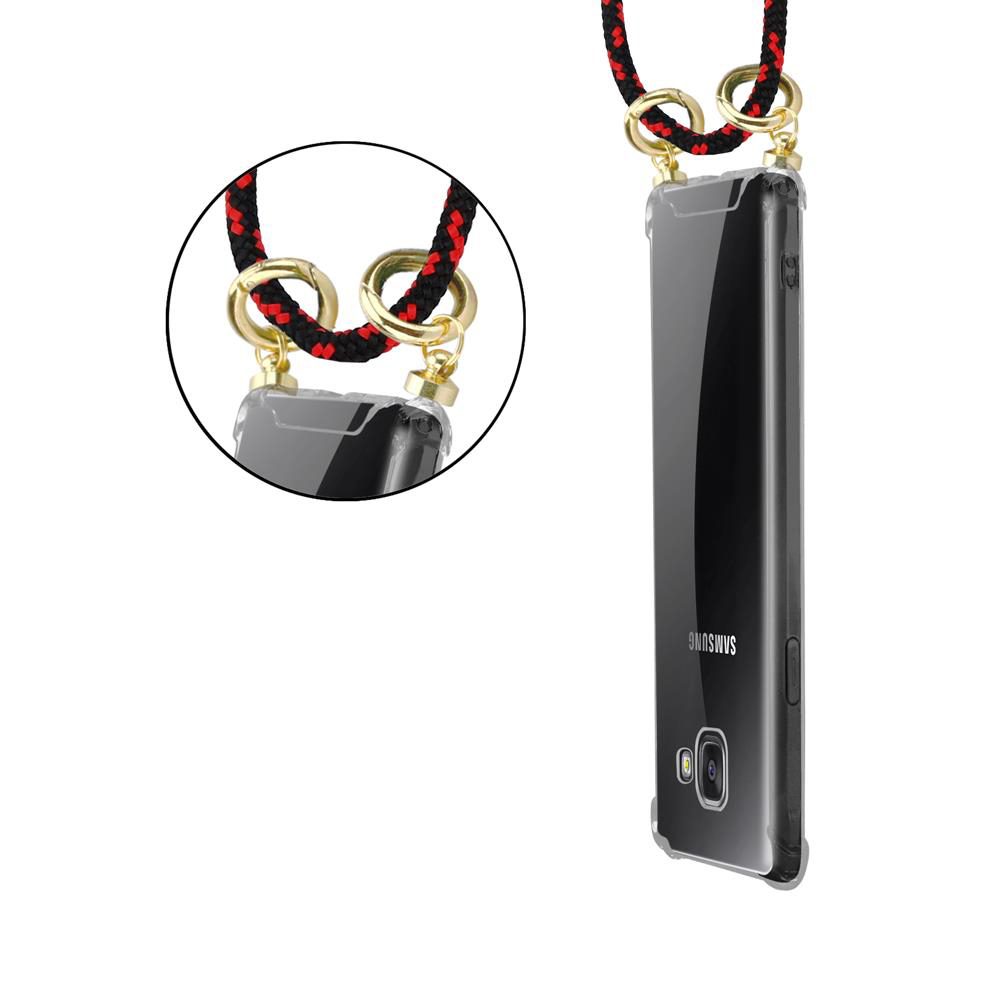 Un teléfono inteligente en una funda transparente con un lazo para cordón.