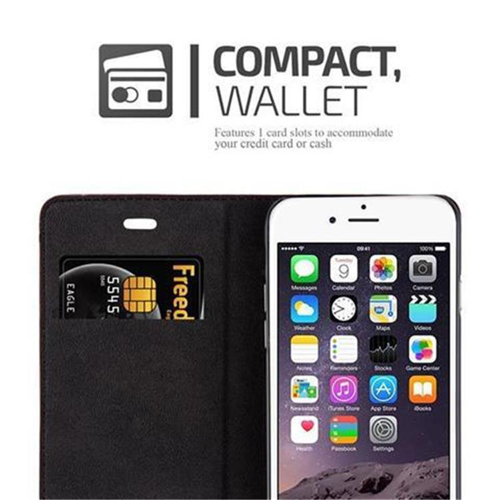 Custodia a portafoglio nera con iPhone e carta di credito. Portafoglio compatto.