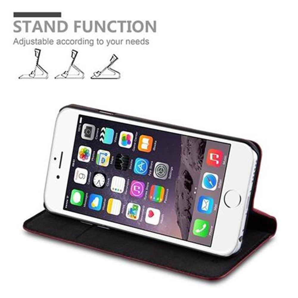 Un iPhone in una custodia rossa che funge da supporto. In alto sono mostrate tre posizioni del supporto.