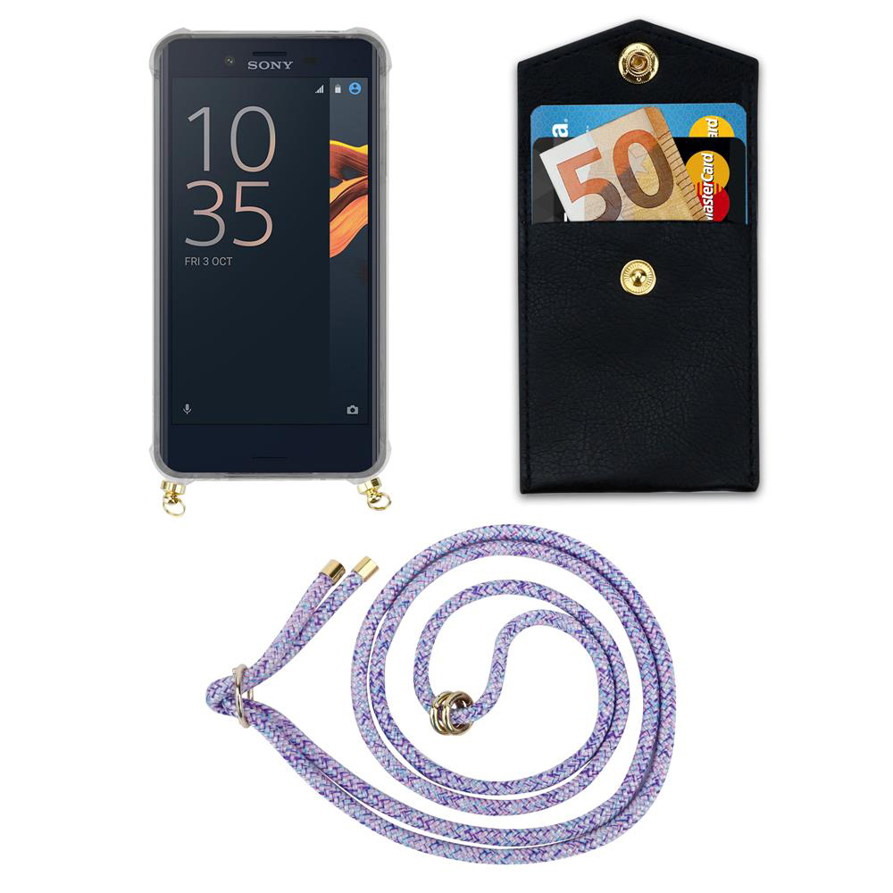 Teléfono inteligente en funda, cartera con billete de 50 euros y cordón